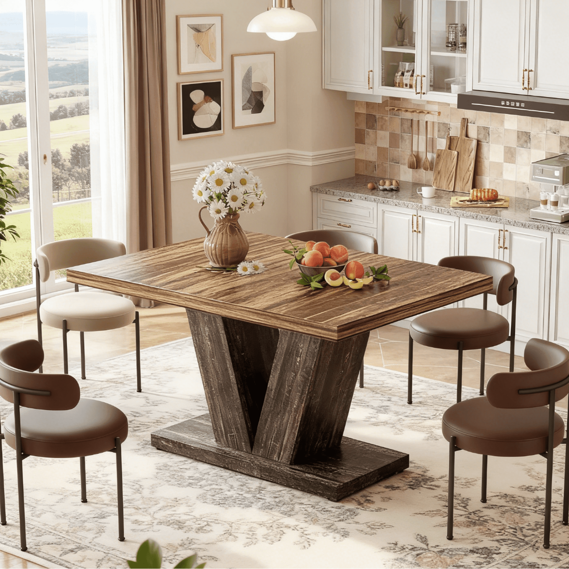 Fnova 47.24" Rectangular Farmhouse Dining Table, Wood Coffee Table for 4 People, Modern Kitchen Table for Dining Room, Brown Black (Chairs Not Included)