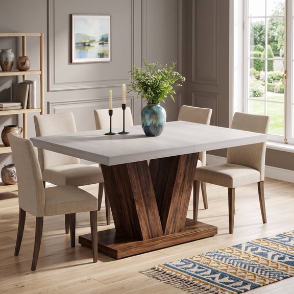 Fnova 47.24" Rectangular Farmhouse Dining Table, Wood Coffee Table for 4 People, Modern Kitchen Table for Dining Room, White Brown (Chairs Not Included)