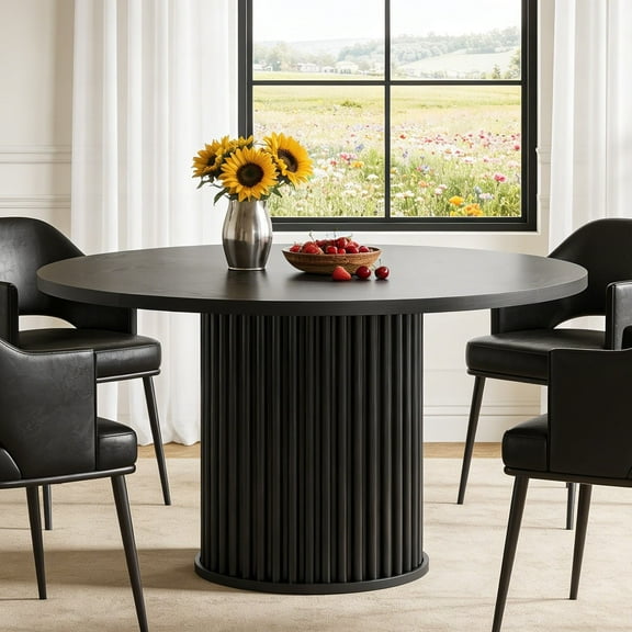 Fnova 47.24" Round Dining Table, Wood Coffee Table for 4 People, Modern Farmhouse Kitchen Table for Dining Room, Black (Chairs Not Included)