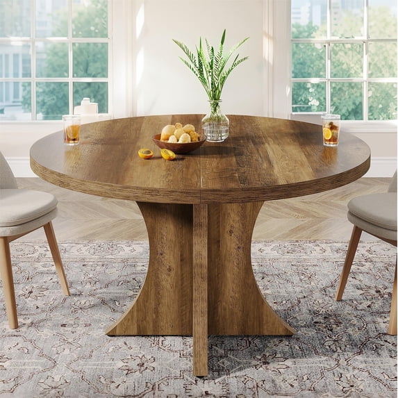 Fnova 47.24" Round Dining Table, Wood Coffee Table for 4 People, Modern Farmhouse Kitchen Table for Dining Room, Brown (Chairs Not Included)