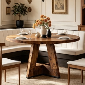 Fnova 47" Round Dining Table for 4 People, Modern Farmhouse Wooden Kitchen Table, Walnut (Chairs Not Included)