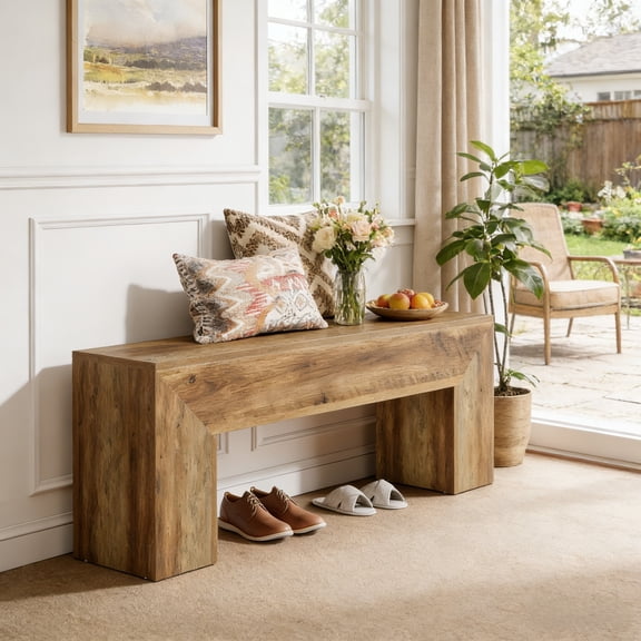 Fnova 47" Wooden Entryway Bench, Farmhouse Wooden Shoe Bench, Indoor End of Bed Stool for 1-2, Long Kitchen Table Seat Dining Seat for Entryway, Hallway, Living Room