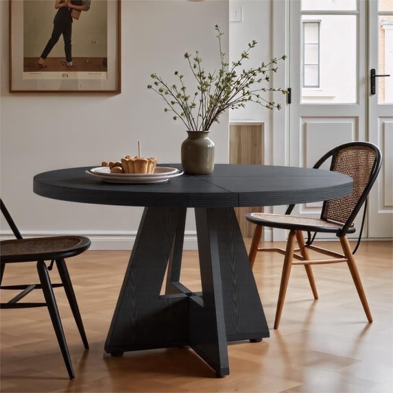 Fnova 47" Coffee Table, Round Dining Table for 4 People, Modern Farmhouse Wooden Kitchen Table, Living Room, Black (Chairs Not Included)