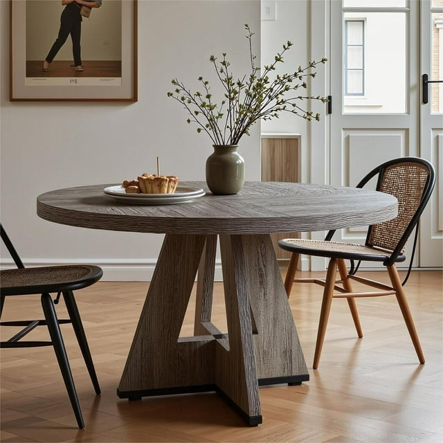 Fnova 47" Coffee Table, Round Dining Table for 4 People, Modern Farmhouse Wooden Kitchen Table, Living Room, Gray (Chairs Not Included)