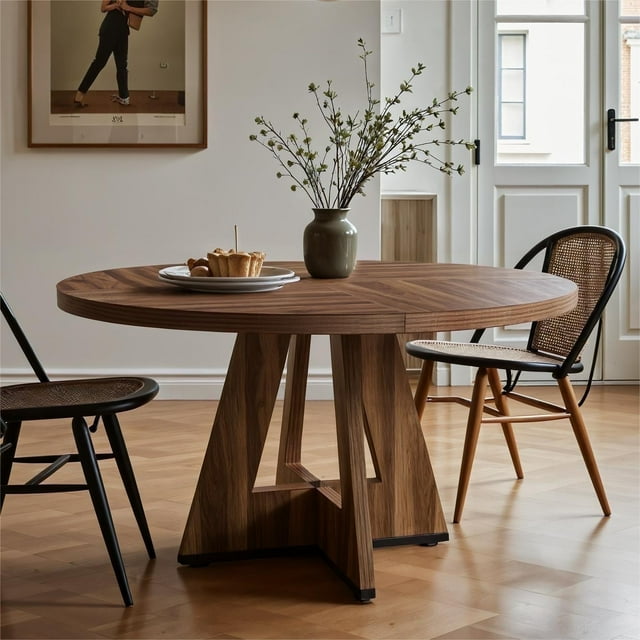 Fnova 47" Round Dining Table for 4 People, Modern Farmhouse Wooden Kitchen Table, Walnut (Chairs Not Included)