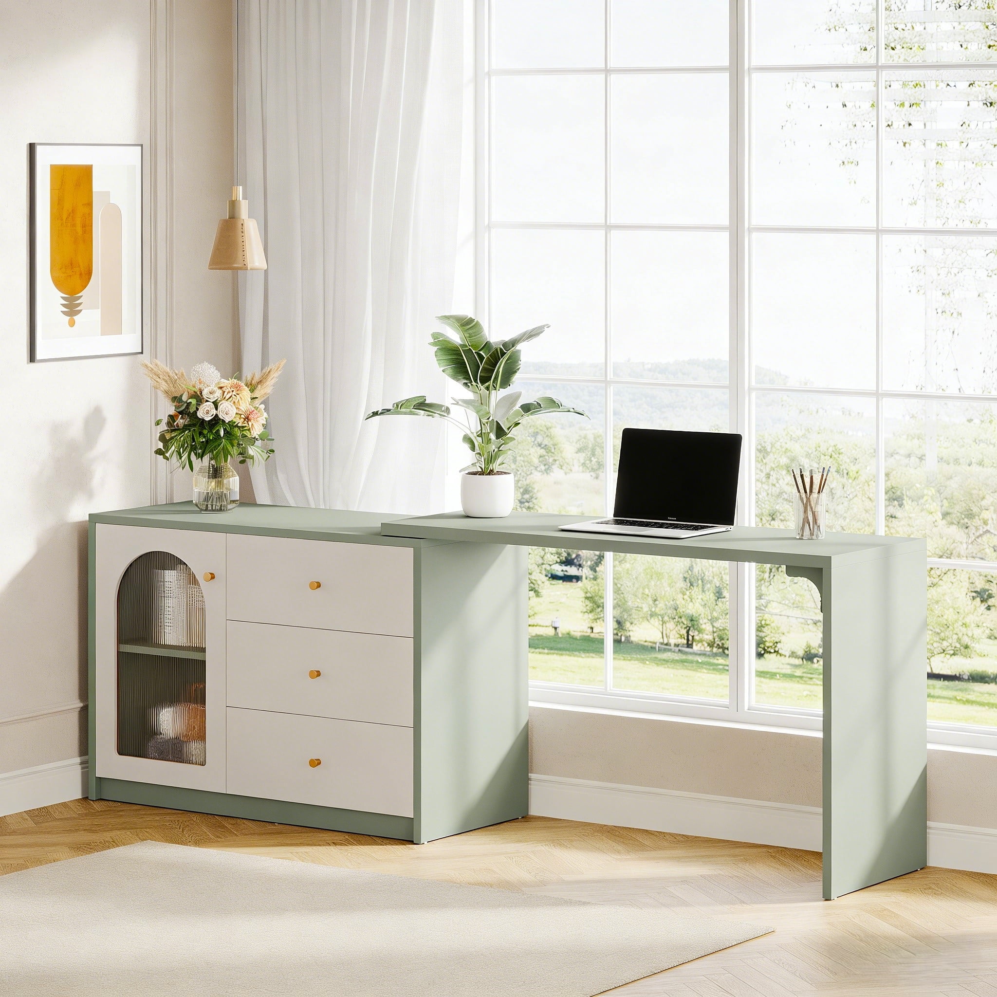 Fnova 48" Table for Nail Tech, Modern Stretchable L-Shaped Nail Corner Desk Station with Cabinet and 2 Drawers, Beauty Salon Workstation Decor with Storage Shelves, White Green