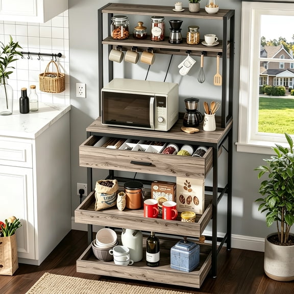 Fnova 5-Tier Baker Rack with Charging Station, 65"H Kitchen Storage Shelf, Microwave Oven Stand with Drawer & Sliding Shelves, Coffee Bar Table with 6 Hooks, Gray