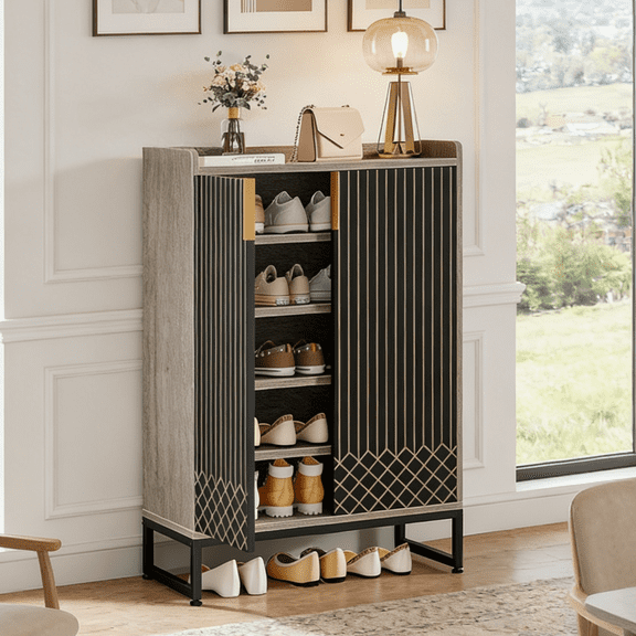 Fnova 5-Tier Farmhouse Cabinet, Side Cabinet with Open Shelf, Shoe Storage with 2 Doors, Steel Legs, Easy Assembly for Entryway, Hallway, Living Room, Bathroom