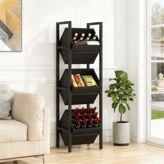 Fnova 51.1" 3 - Tier Industrial Storage Shelf with Wooden Baskets, Freestanding Organizer for Wine Bottles, Kitchen, Cellar