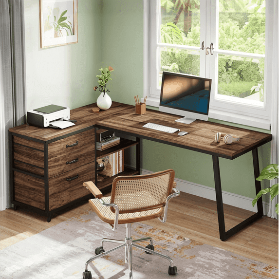 Fnova 53.15" L-shaped Computer Desk with 3 Drawers, Wood Tabletop, Metal Frame Office Desk, Brown