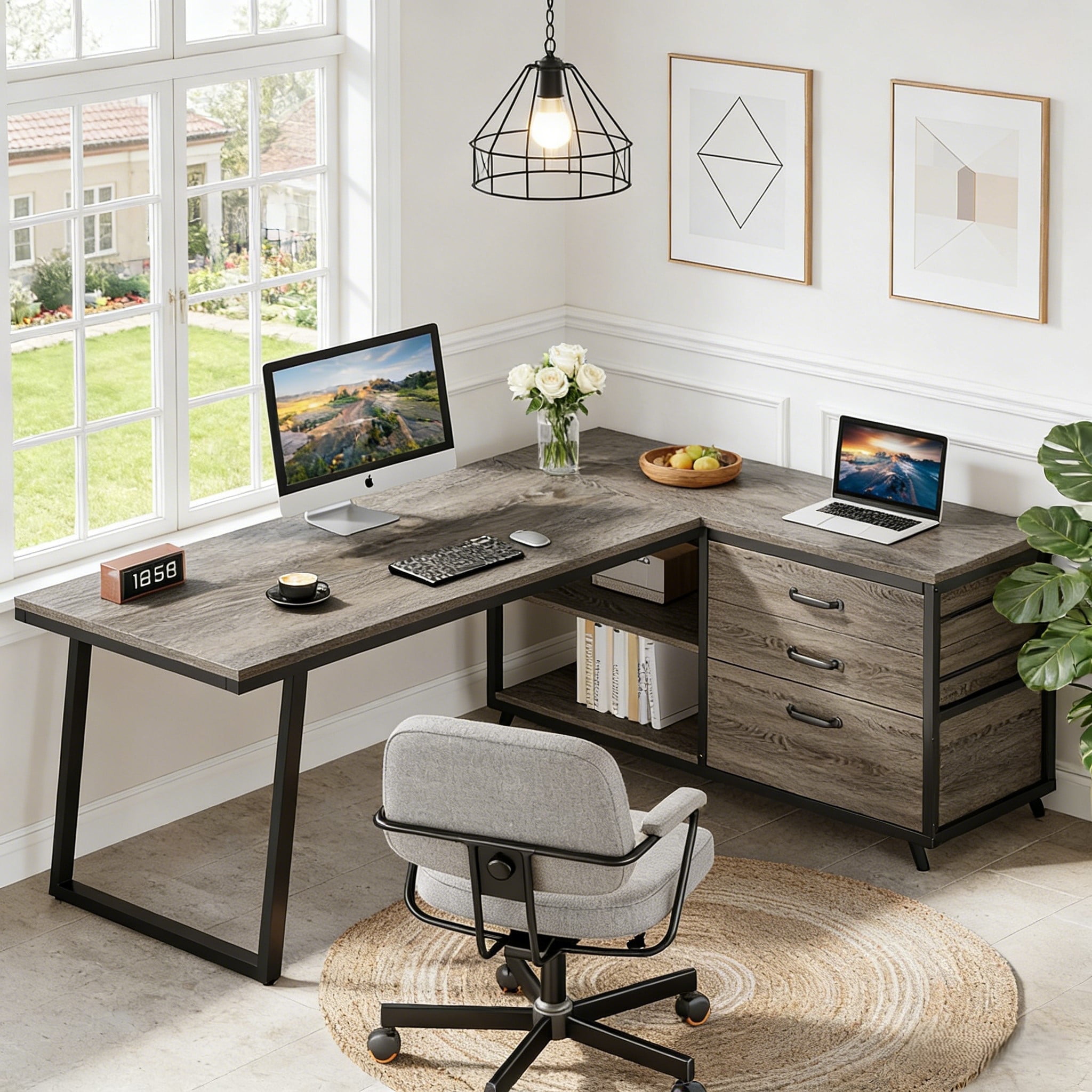 Fnova 53.15" L-shaped Computer Desk with 3 Drawers, Wood Tabletop, Metal Frame Office Desk, Gray