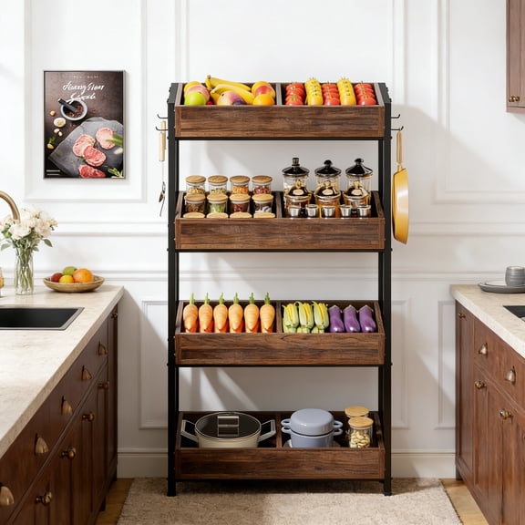 Fnova 55.1" 4-Tier Storage Shelf, Wooden Kitchen Rack, Fruit & Vegetable Organizer Shelf for Snacks, Kitchen Storage Shelving Unit