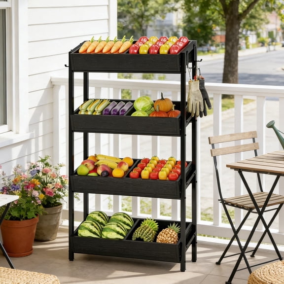 Fnova 55.1" 4-Tier Storage Shelf, Wooden Kitchen Rack, Fruit & Vegetable Organizer Shelf for Snacks, Kitchen Storage Shelving Unit
