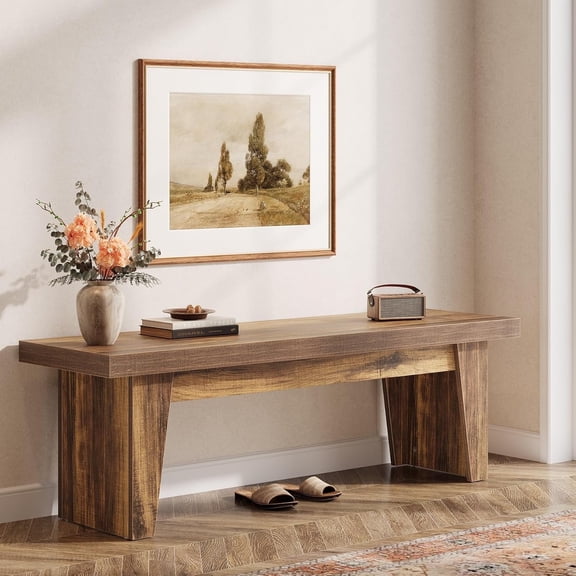 Fnova 55.12" Farmhouse Bench, Wooden Entryway Shoe Bench for 2-3, End of Bed Stool, Long Kitchen Table Seat Dining Seat for Entryway, Hallway, Living Room