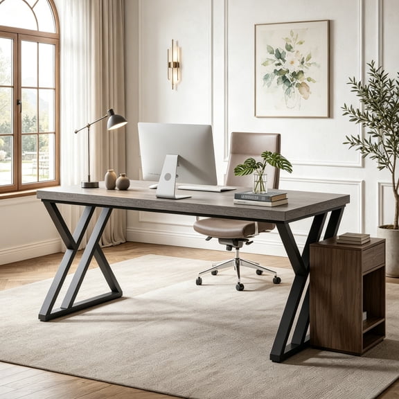 Fnova 55.12 Inch Home Office Computer Desk, Sturdy X-Shaped Metal Frame, Heavy Duty Study Workstation for Bedroom, Living Room, Study Room
