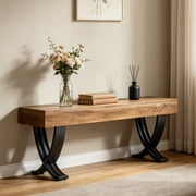 Fnova 55 Entryway Bench, Farmhouse Long Shoe Bench, Backless Wooden Seat for 2-3, End of Bed Stool with Metal X-Shaped Legs, Kitchen Table Seat Dining Seat for Entryway, Hallway, Living Room