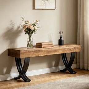 Fnova 55" Entryway Bench, Farmhouse Long Shoe Bench, Backless Wooden Seat for 2-3, End of Bed Stool with Metal X-Shaped Legs, Kitchen Table Seat Dining Seat for Entryway, Hallway, Living Room