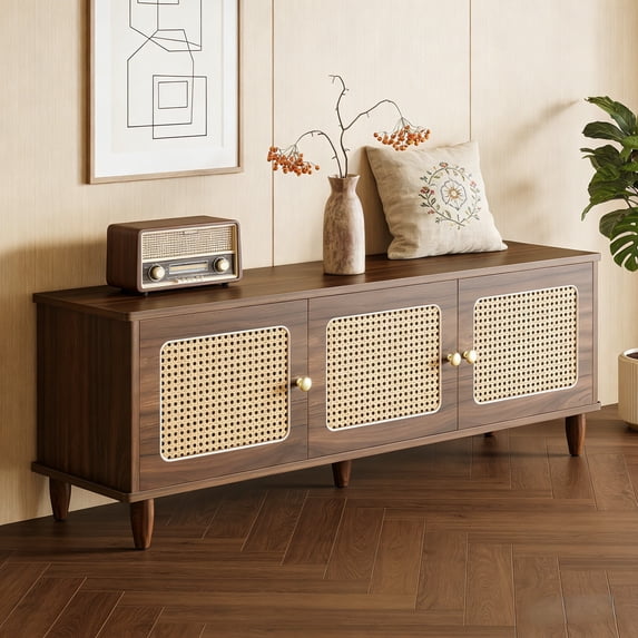 Fnova 55" Storage Bench, 2-Tier Farmhouse Long Entryway Shoe Cabinet, Backless Wooden Seat for 2-3, End of Bed Stool with Rattan Doors Hidden Storage for Entryway, Hallway, Living Room