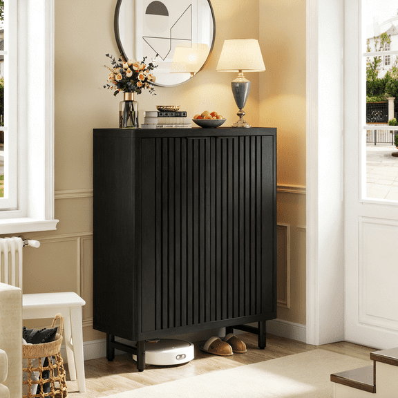 Fnova 6-Tier Farmhouse Cabinet with Adjustable Shelves, Side Cabinet & Shoe Storage, Shutter Doors, Wood & Metal, for Entryway, Hallway, Living Room, Bathroom