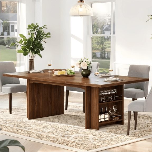 Fnova 62.99" Rectangular Dining Table for 4-6 People, Farmhouse Wood Kitchen Table with Side Storage Shelves, Heavy Duty Legs, Easy to Assemble