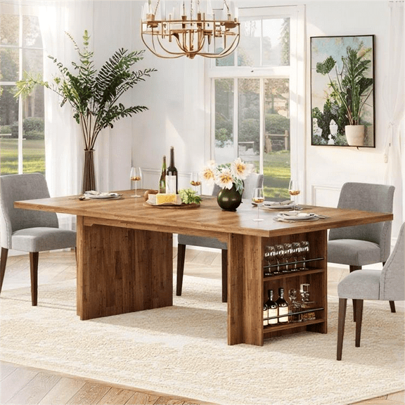 Fnova 62.99" Rectangular Dining Table for 4-6 People, Farmhouse Wood Kitchen Table with Side Storage Shelves, Heavy Duty Legs, Easy to Assemble