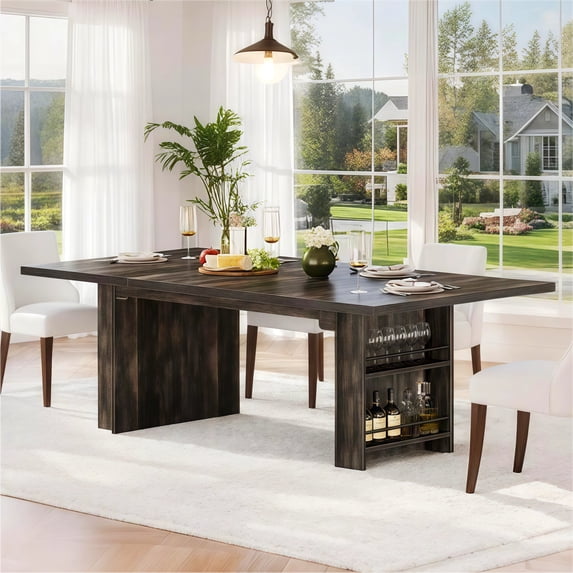 Fnova 62.99" Rectangular Dining Table for 4-6 People, Farmhouse Wood Kitchen Table with Side Storage Shelves, Heavy Duty Legs, Easy to Assemble