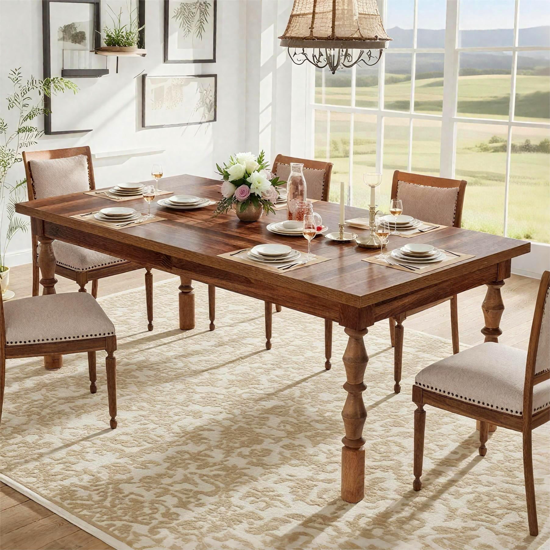 Fnova 62" Farmhouse Dining Table for 4-6 People, Large Wood Rectangle Kitchen Table Modern Dining Room Furniture with Carved Turned Legs - Walmart.com