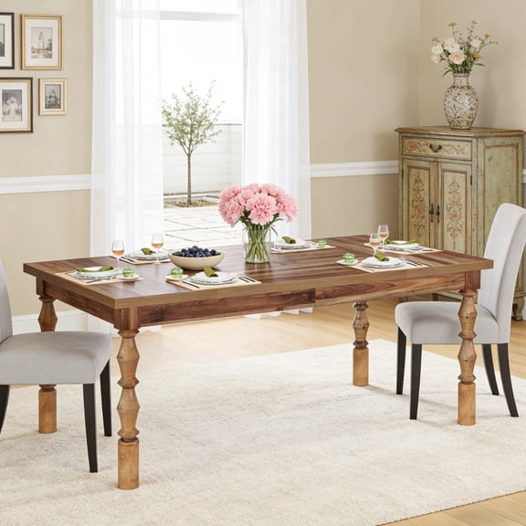 Fnova 62" Farmhouse Dining Table for 4-6 People, Large Wood Rectangle Kitchen Table Modern Dining Room Furniture with Carved Turned Legs