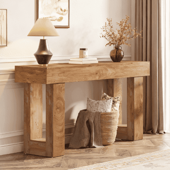 Fnova 63" Long Console Table, 2-Tier Wooden Narrow Rectangular Sofa Table Behind Couch, Farmhouse Entryway Table for Entrance, Hallway, Living Room