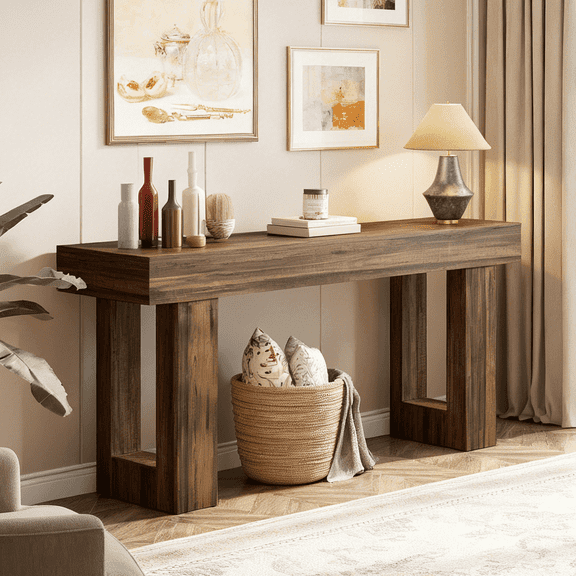 Fnova 63" Long Console Table, 2-Tier Wooden Narrow Rectangular Sofa Table Behind Couch, Farmhouse Entryway Table for Entrance, Hallway, Living Room