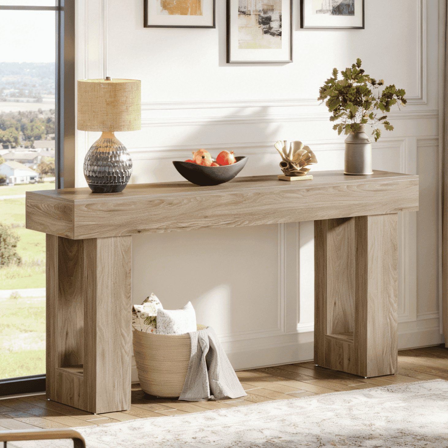 Fnova 63" Long Console Table, 2-Tier Wooden Narrow Rectangular Sofa Table Behind Couch, Farmhouse Entryway Table for Entrance, Hallway, Living Room