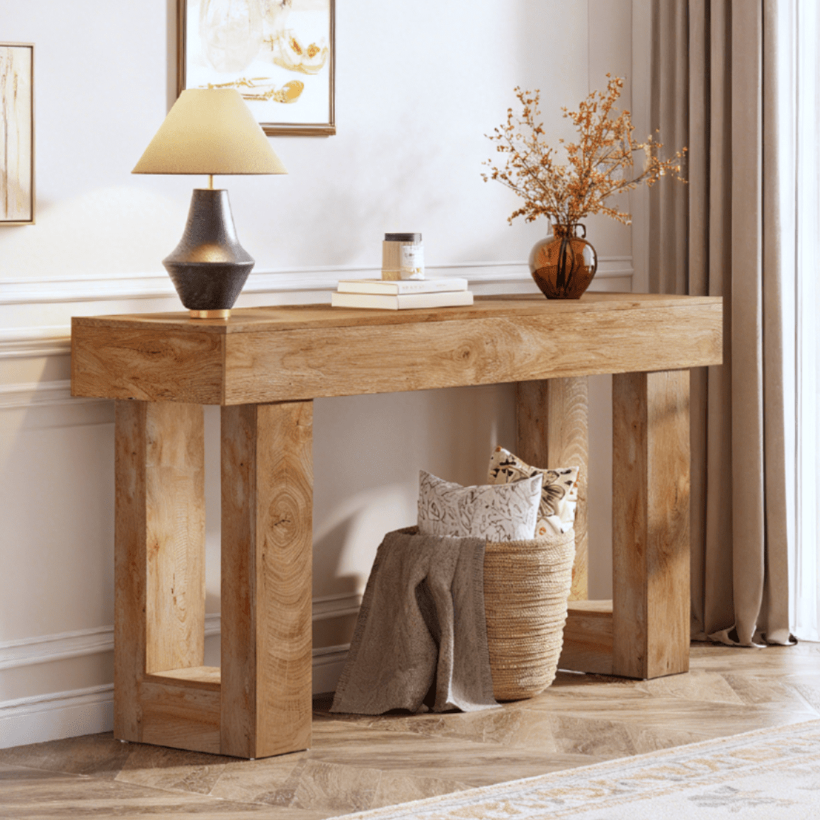 Fnova 63" Long Console Table, 2-Tier Wooden Narrow Rectangular Sofa Table Behind Couch, Farmhouse Entryway Table for Entrance, Hallway, Living Room