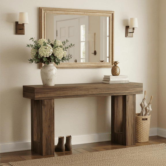 Fnova 63" Long Console Table, 2-Tier Wooden Narrow Rectangular Sofa Table Behind Couch, Farmhouse Entryway Table for Entrance, Hallway, Living Room