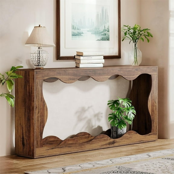 Fnova 63" Long Farmhouse Console Table for Entryway, Wave-Shaped Wood Entryway Table, Sofa Table for Living Room, Dark Brown