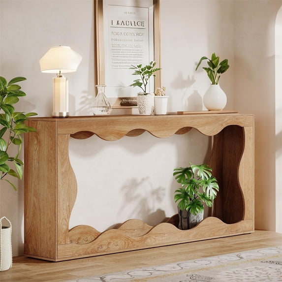 Fnova 63" Long Farmhouse Console Table for Entryway, Wave-Shaped Wood Entryway Table, Sofa Table for Living Room, Light Brown