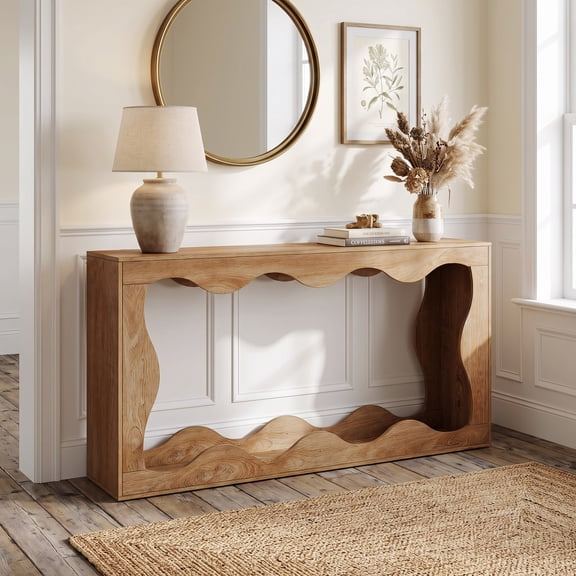 Fnova 63" Long Farmhouse Console Table for Entryway, Wave-Shaped Wood Entryway Table, Sofa Table for Living Room, Light Brown