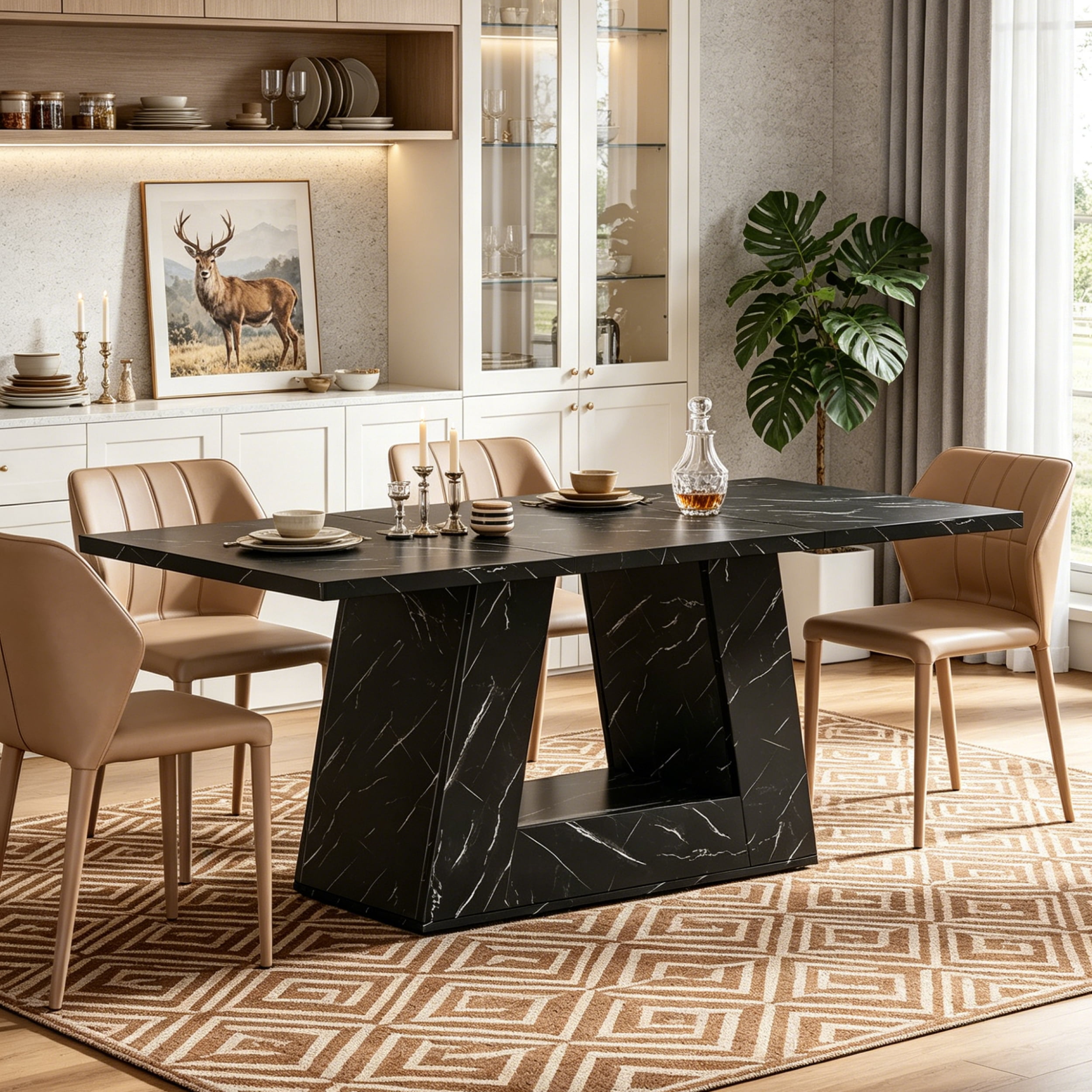 Fnova 63" Modern Long Dining Table for 6 people, Rectangular Geometric Artificial Marble Kitchen Table for Dining Room, Black
