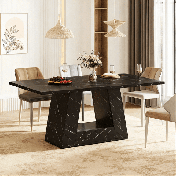 Fnova 63" Modern Long Dining Table for 6 people, Rectangular Geometric Artificial Marble Kitchen Table for Dining Room, Black