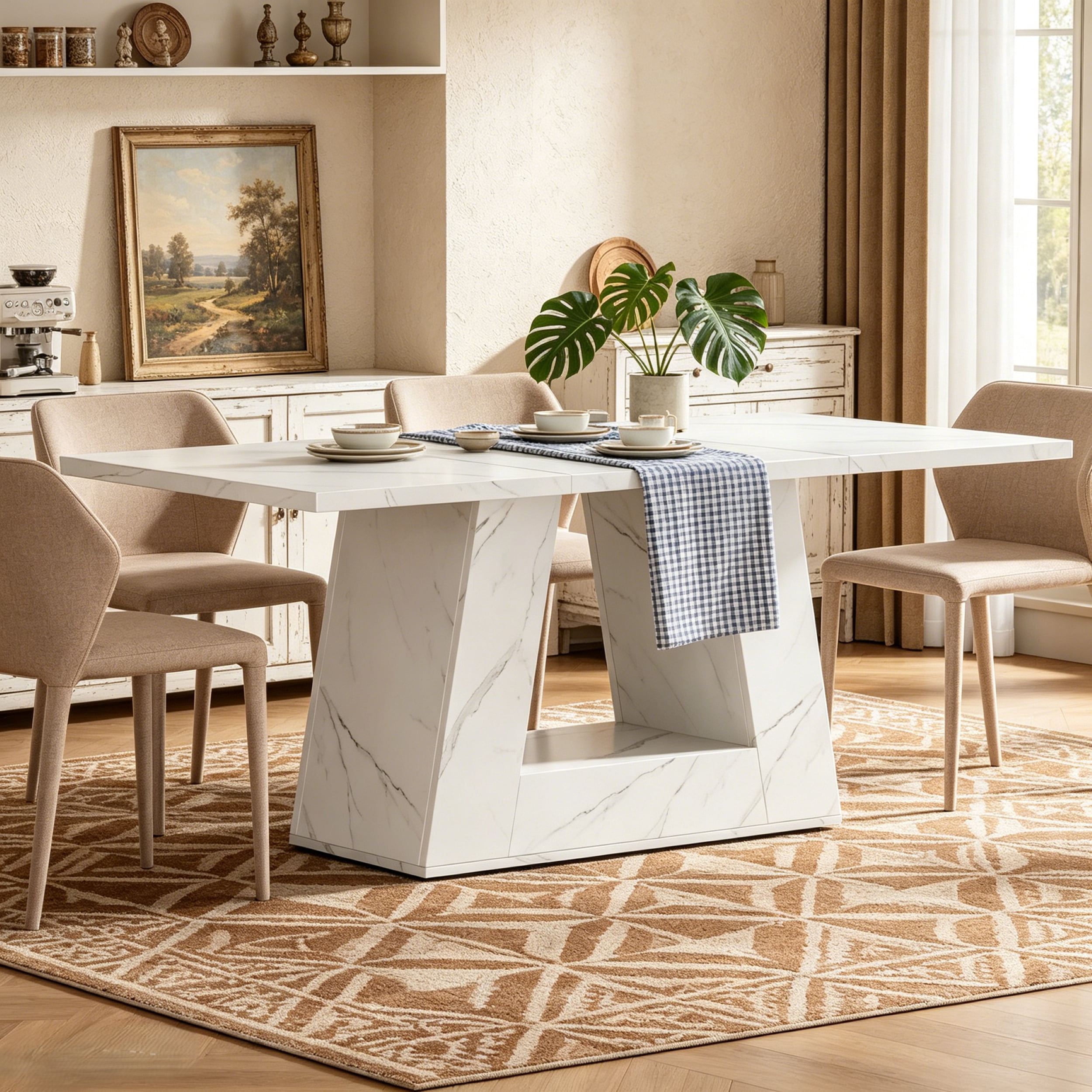 Fnova 63" Modern Long Dining Table for 6 people, Rectangular Geometric Artificial Marble Kitchen Table for Dining Room, White