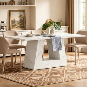 Fnova 63" Modern Long Dining Table for 6 people, Rectangular Geometric Artificial Marble Kitchen Table for Dining Room, White