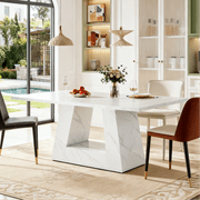 Fnova 63" Modern Long Dining Table for 6 people, Rectangular Geometric Artificial Marble Kitchen Table for Dining Room, White