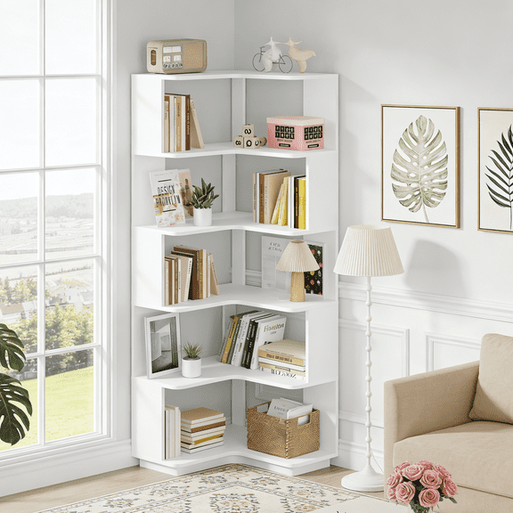 Fnova 64.9" 6 - Tier Industrial Corner Bookshelf, Modern Wood L-Shaped Bookcase with Anti-Tip, Freestanding Corner Display Shelf Storage Organizer