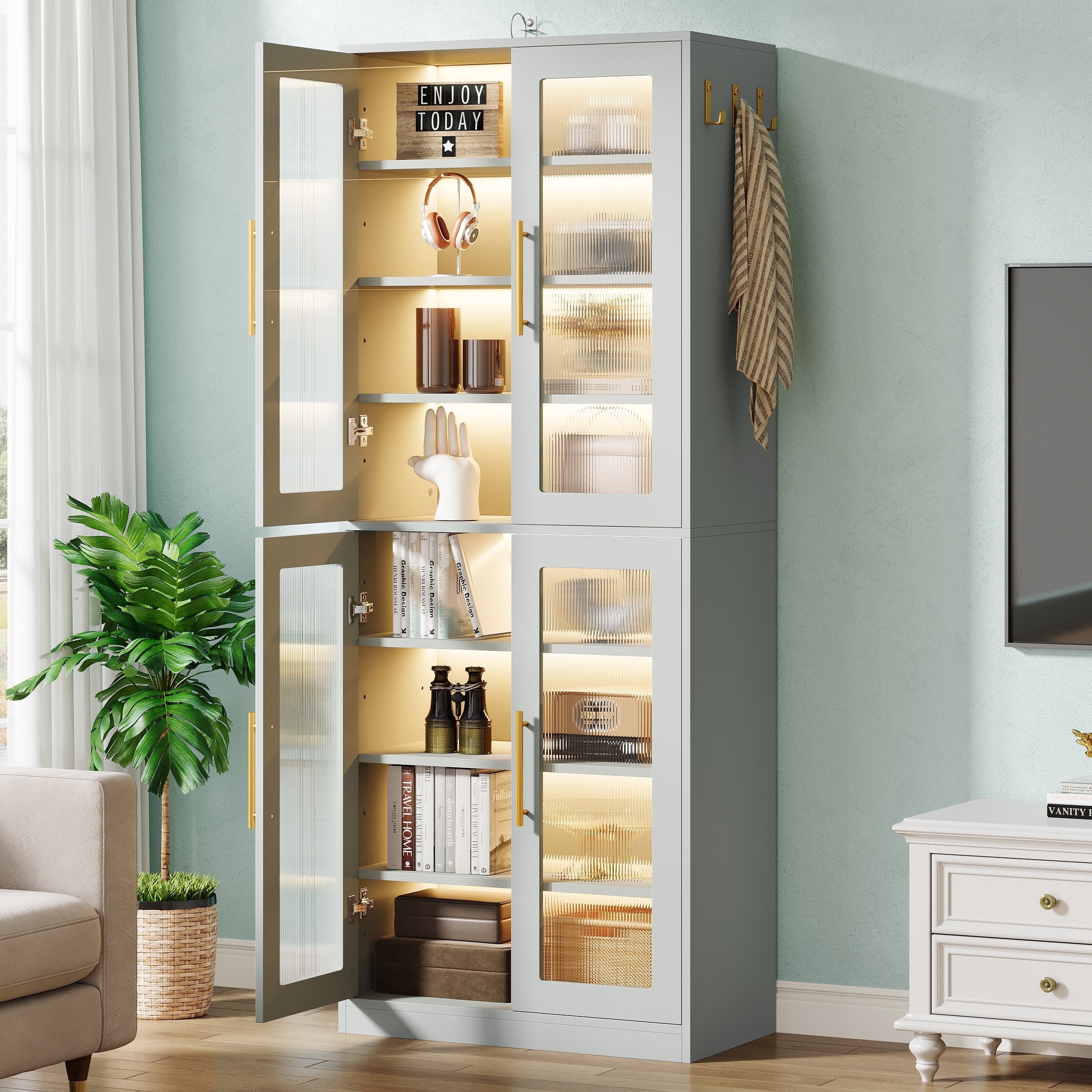 Fnova 66.93" Bookcase with Doors, 8 Tier Storage Cabinet with LED Lights for Living Room, Bedroom, Study, Gray