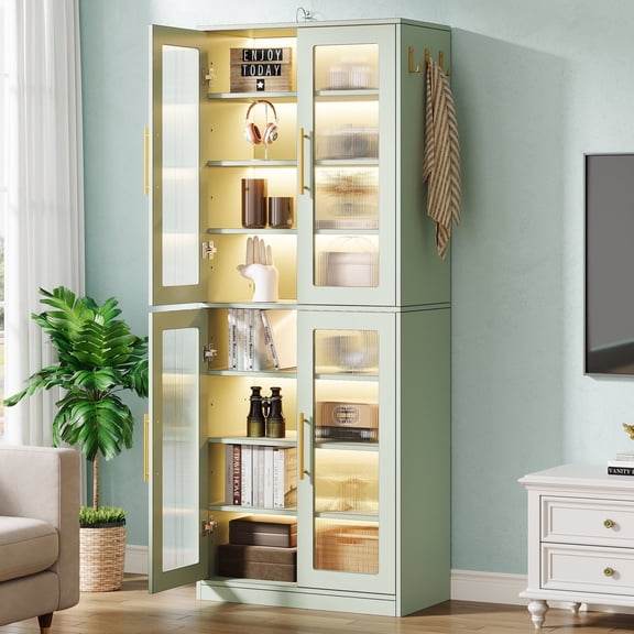 Fnova 66.93" Bookcase with Doors, 8 Tier Storage Cabinet with LED Lights for Living Room, Bedroom, Study, Green