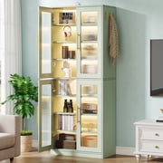 Fnova 66.93 Bookcase with Doors, 8 Tier Storage Cabinet with LED Lights for Living Room, Bedroom, Study, Green