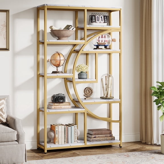 Fnova 68.8" 9 - Tier Industrial Bookshelf, Modern Metal - Wood Storage Rack for Living Room/Office/Kitchen, Freestanding Tall Compact Corner Organizer