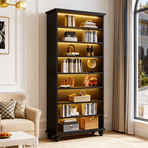 Fnova 69" 9-Tier Modern Cabinet with LED Lights, Bookcase, Shoe Storage, Side Cabinet, Adjustable Shelves, Wood Legs, 30 Pairs Capacity, Easy Assembly for Entryway, Hallway, Living Room, Bathroom