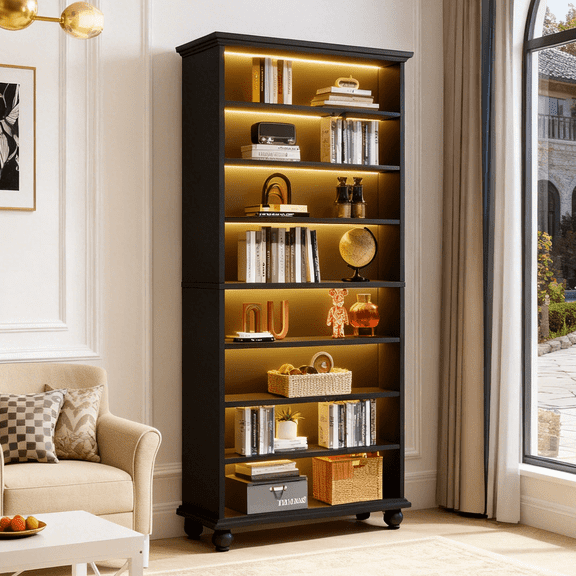 Fnova 69" 9-Tier Modern Cabinet with LED Lights, Bookcase, Shoe Storage, Side Cabinet, Adjustable Shelves, Wood Legs, 30 Pairs Capacity, Easy Assembly for Entryway, Hallway, Living Room, Bathroom