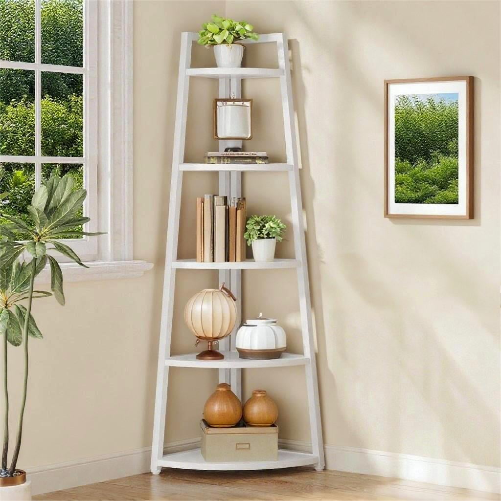 Fnova 70.1" 5-Tier Industrial Corner Ladder Shelf, Modern Corner Bookshelf, Compact Bookcase, Plant Stand for Living Room, Kitchen, Home Office