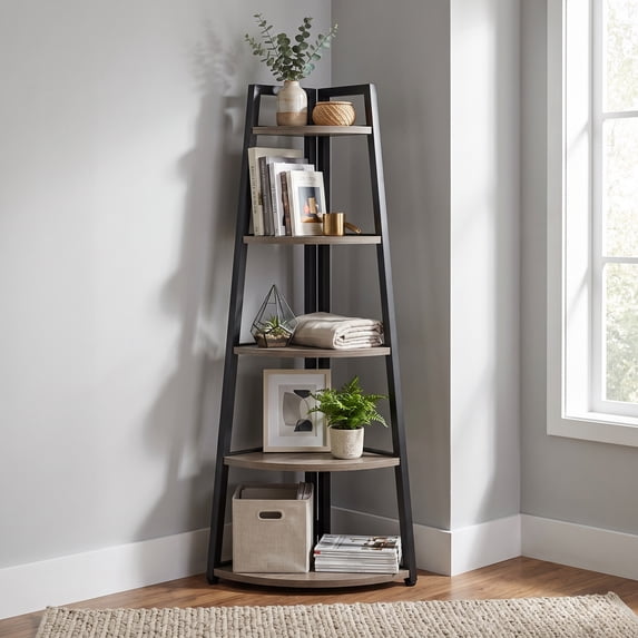Fnova 71" 5-Tier Industrial Corner Ladder Shelf, Modern Corner Bookshelf, Compact Bookcase, Plant Stand for Living Room, Kitchen, Home Office